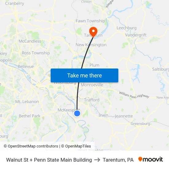 Walnut St + Penn State Main Building to Tarentum, PA map
