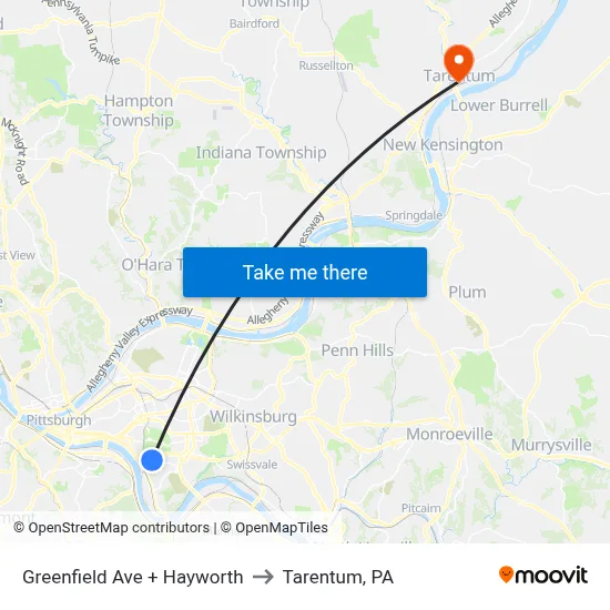 Greenfield Ave + Hayworth to Tarentum, PA map