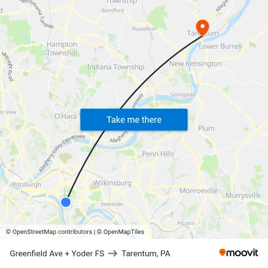 Greenfield Ave + Yoder FS to Tarentum, PA map