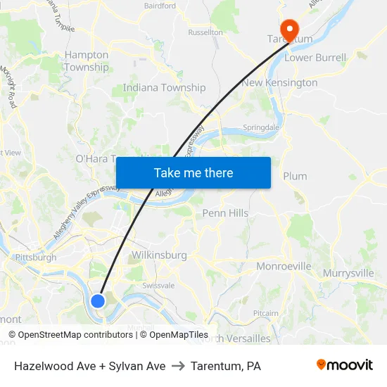 Hazelwood Ave + Sylvan Ave to Tarentum, PA map