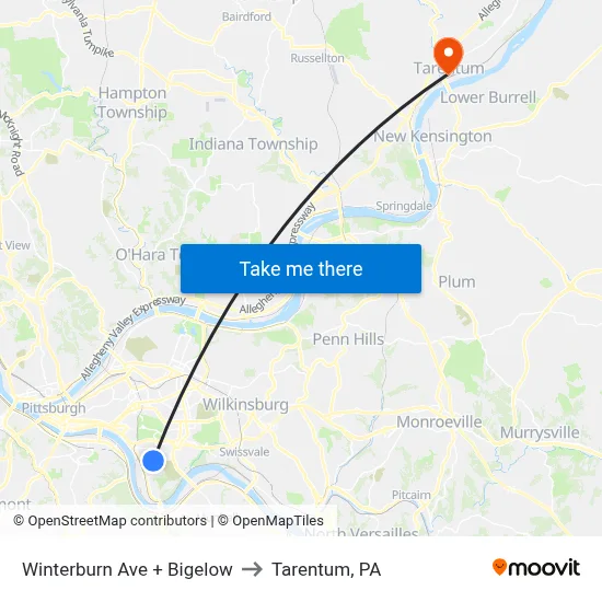 Winterburn Ave + Bigelow to Tarentum, PA map