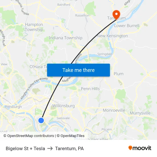 Bigelow St + Tesla to Tarentum, PA map
