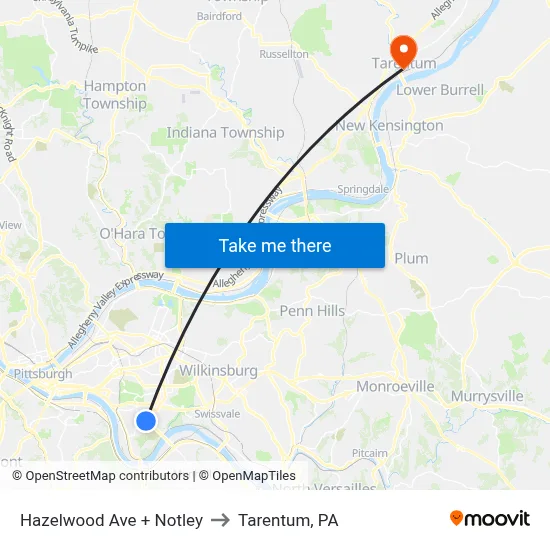Hazelwood Ave + Notley to Tarentum, PA map