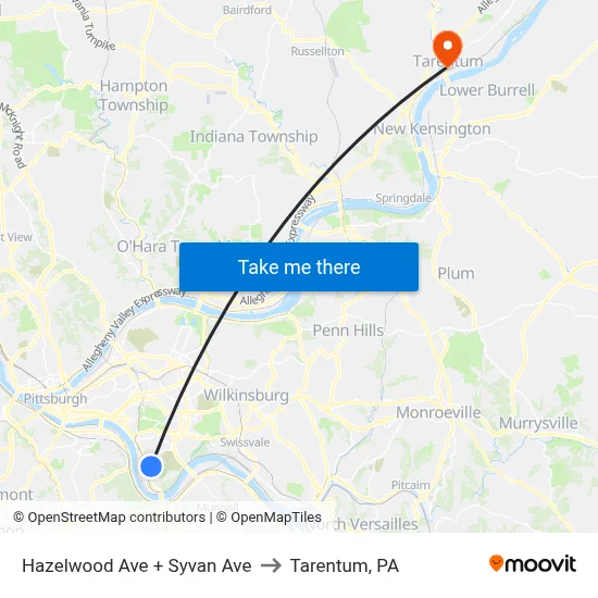 Hazelwood Ave + Syvan Ave to Tarentum, PA map