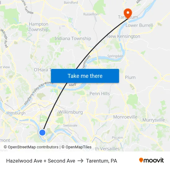 Hazelwood Ave + Second Ave to Tarentum, PA map