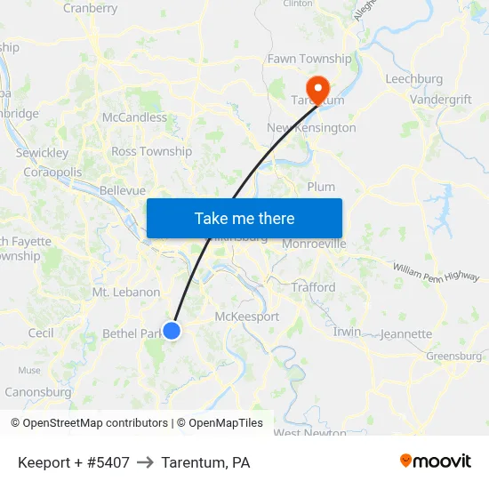 Keeport + #5407 to Tarentum, PA map