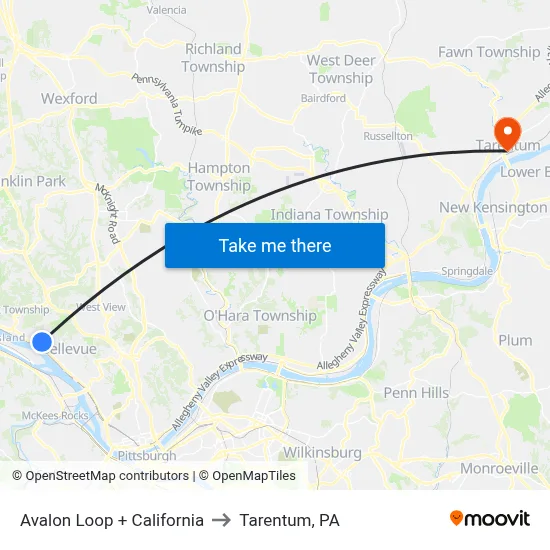 Avalon Loop + California to Tarentum, PA map