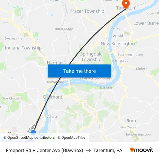 Freeport Rd + Center Ave (Blawnox) to Tarentum, PA map