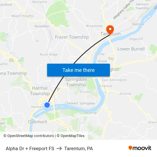 Alpha Dr + Freeport FS to Tarentum, PA map