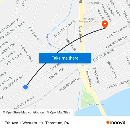 7th Ave + Western to Tarentum, PA map
