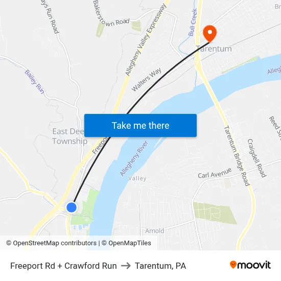 Freeport Rd + Crawford Run to Tarentum, PA map