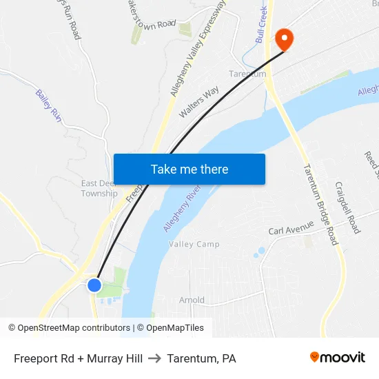 Freeport Rd + Murray Hill to Tarentum, PA map