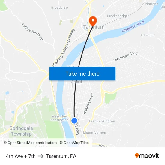 4th Ave + 7th to Tarentum, PA map