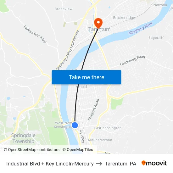 Industrial Blvd + Key Lincoln-Mercury to Tarentum, PA map