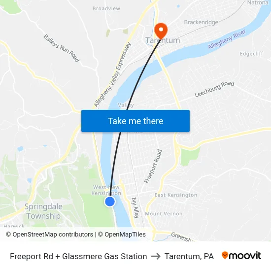 Freeport Rd + Glassmere Gas Station to Tarentum, PA map