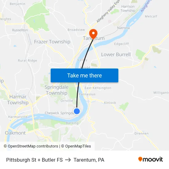 Pittsburgh St + Butler FS to Tarentum, PA map