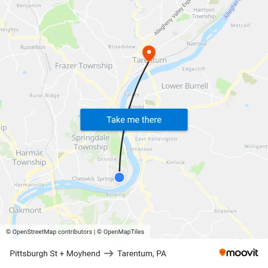 Pittsburgh St + Moyhend to Tarentum, PA map
