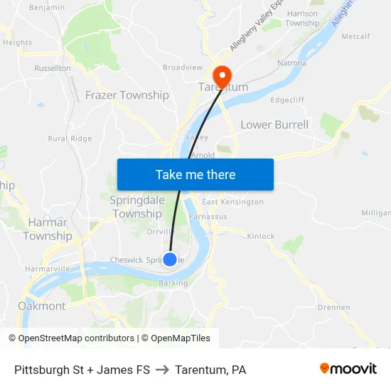 Pittsburgh St + James FS to Tarentum, PA map