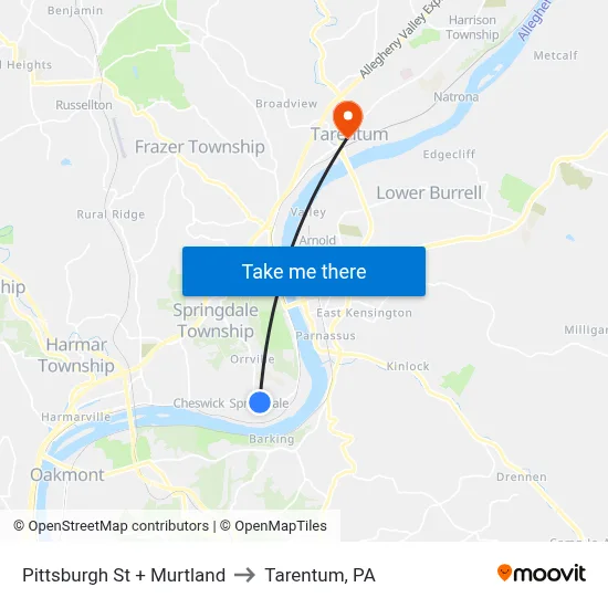Pittsburgh St + Murtland to Tarentum, PA map