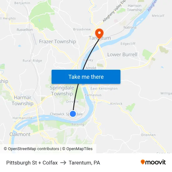 Pittsburgh St + Colfax to Tarentum, PA map