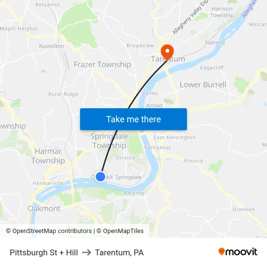 Pittsburgh St + Hill to Tarentum, PA map