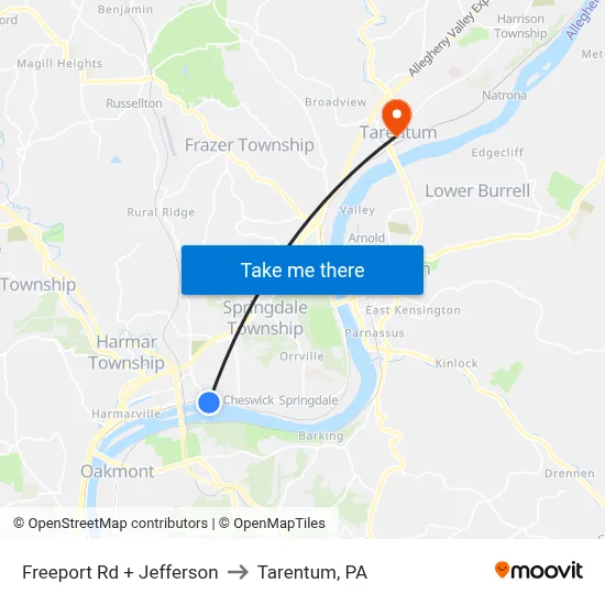 Freeport Rd + Jefferson to Tarentum, PA map