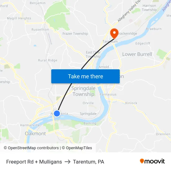 Freeport Rd + Mulligans to Tarentum, PA map
