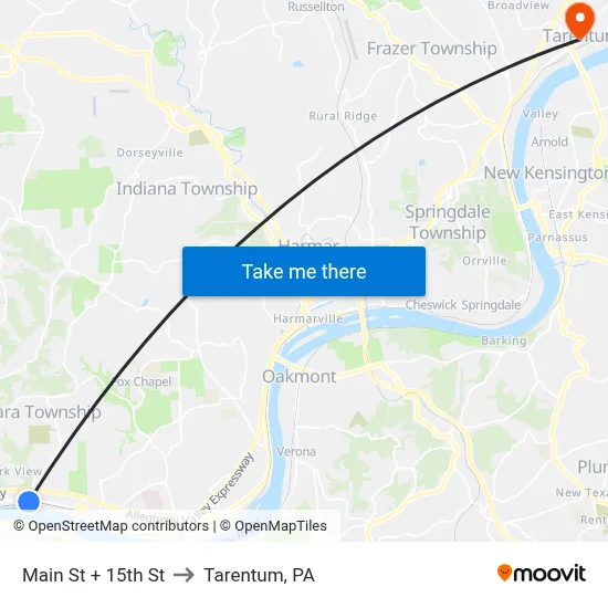 Main St + 15th St to Tarentum, PA map