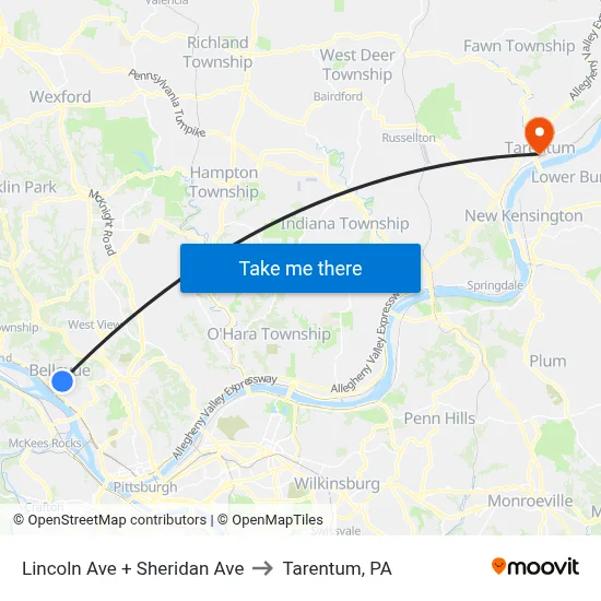 Lincoln Ave + Sheridan Ave to Tarentum, PA map