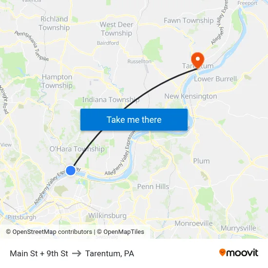 Main St + 9th St to Tarentum, PA map