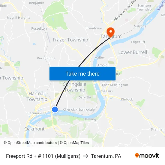 Freeport Rd + # 1101 (Mulligans) to Tarentum, PA map