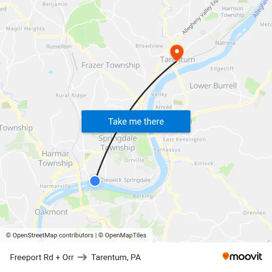 Freeport Rd + Orr to Tarentum, PA map