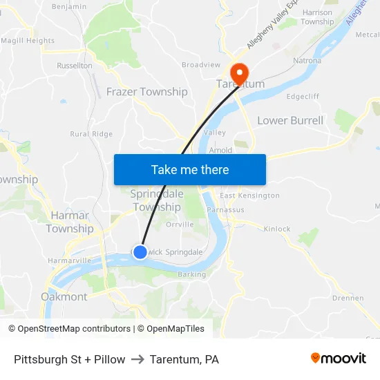 Pittsburgh St + Pillow to Tarentum, PA map