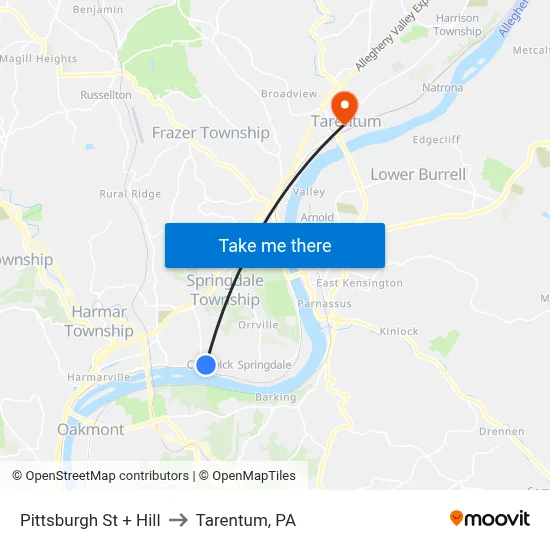Pittsburgh St + Hill to Tarentum, PA map