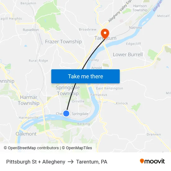 Pittsburgh St + Allegheny to Tarentum, PA map