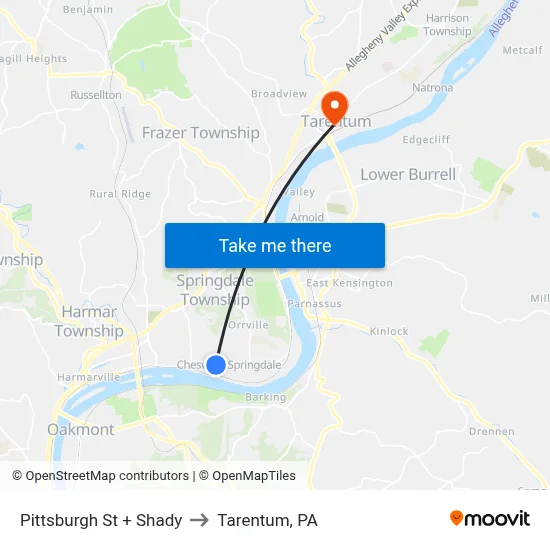 Pittsburgh St + Shady to Tarentum, PA map