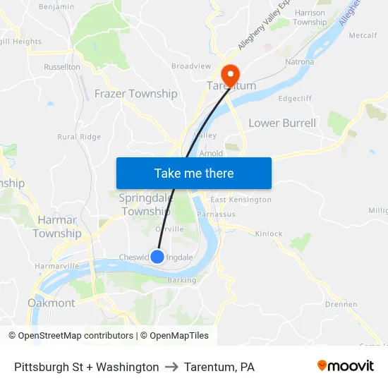 Pittsburgh St + Washington to Tarentum, PA map