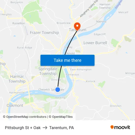 Pittsburgh St + Oak to Tarentum, PA map