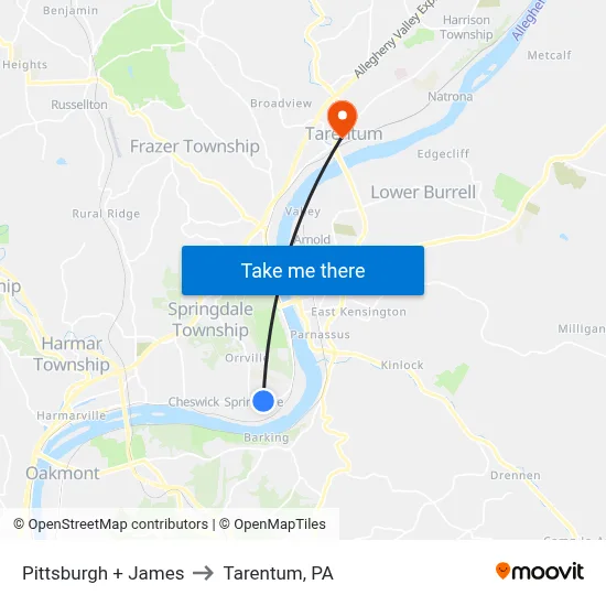 Pittsburgh + James to Tarentum, PA map