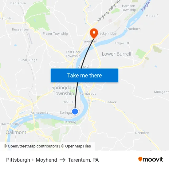 Pittsburgh + Moyhend to Tarentum, PA map