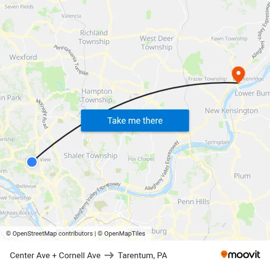Center Ave + Cornell Ave to Tarentum, PA map