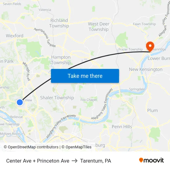 Center Ave + Princeton Ave to Tarentum, PA map