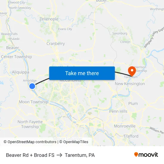 Beaver Rd + Broad FS to Tarentum, PA map