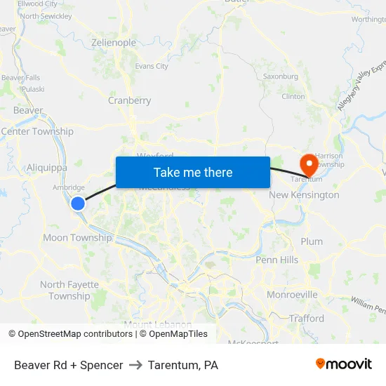 Beaver Rd + Spencer to Tarentum, PA map