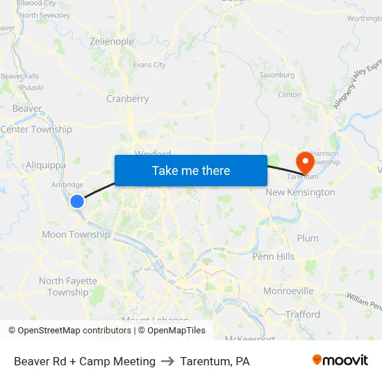 Beaver Rd + Camp Meeting to Tarentum, PA map