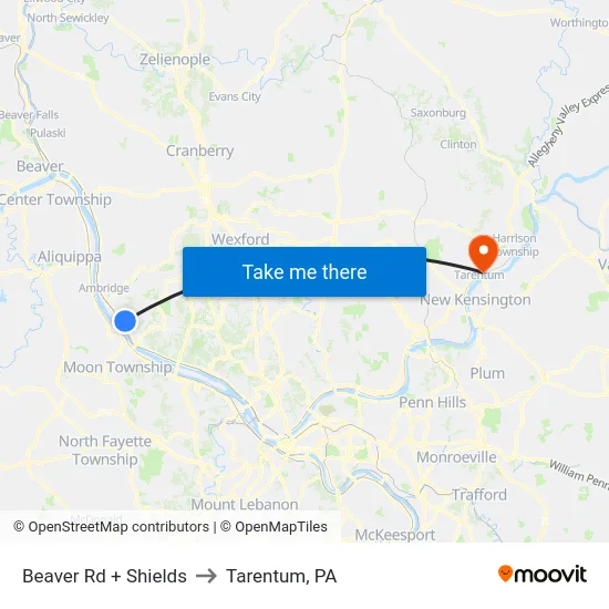 Beaver Rd + Shields to Tarentum, PA map