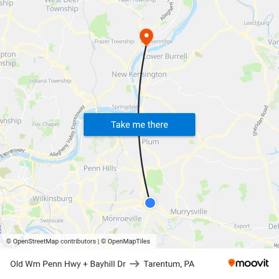 Old Wm Penn Hwy + Bayhill Dr to Tarentum, PA map