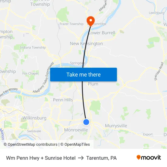 Wm Penn Hwy + Sunrise Hotel to Tarentum, PA map