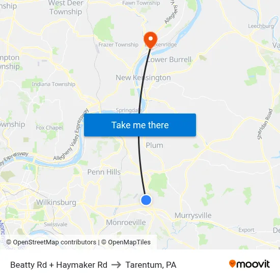 Beatty Rd + Haymaker Rd to Tarentum, PA map