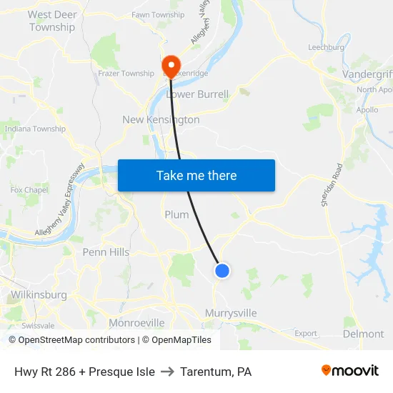 Hwy Rt 286 + Presque Isle to Tarentum, PA map